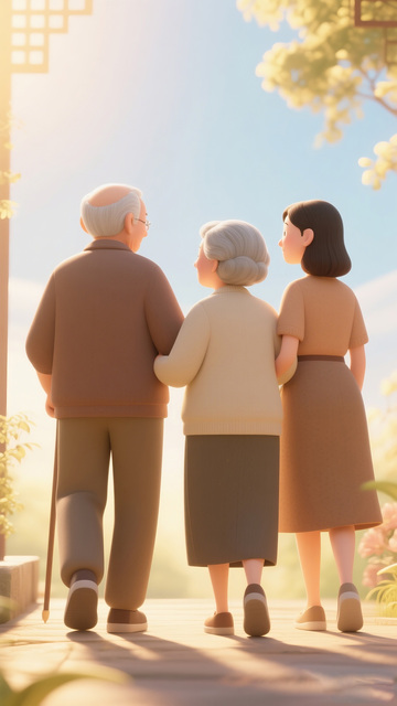 温馨三代人背影插画