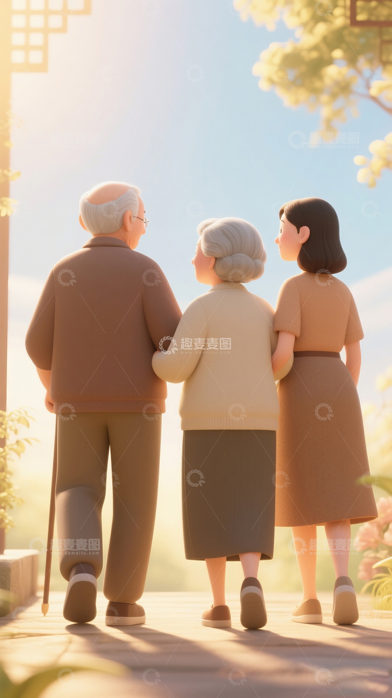 高清大图下载【趣麦麦图】温馨三代人背影插画