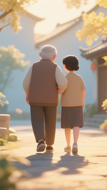 温馨祖孙漫步古镇插画