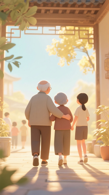 温馨祖孙三代漫步古风庭院