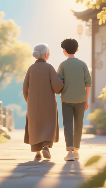 卡通风祖孙漫步古街