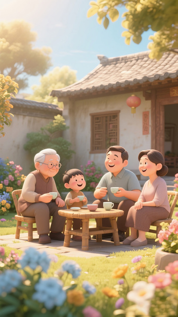 温馨家庭花园相聚插画