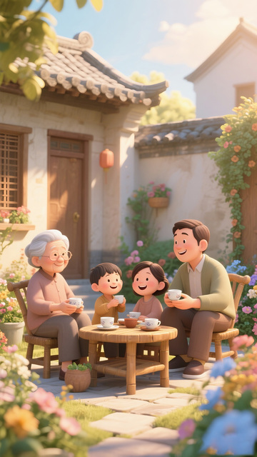 温馨家庭庭院茶会卡通插画