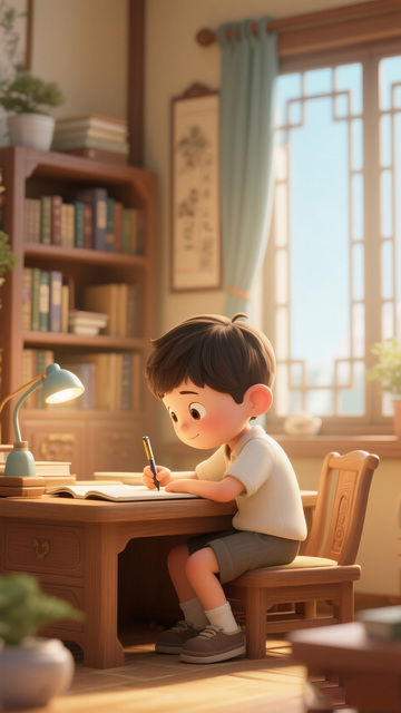 温馨书房学习场景插画
