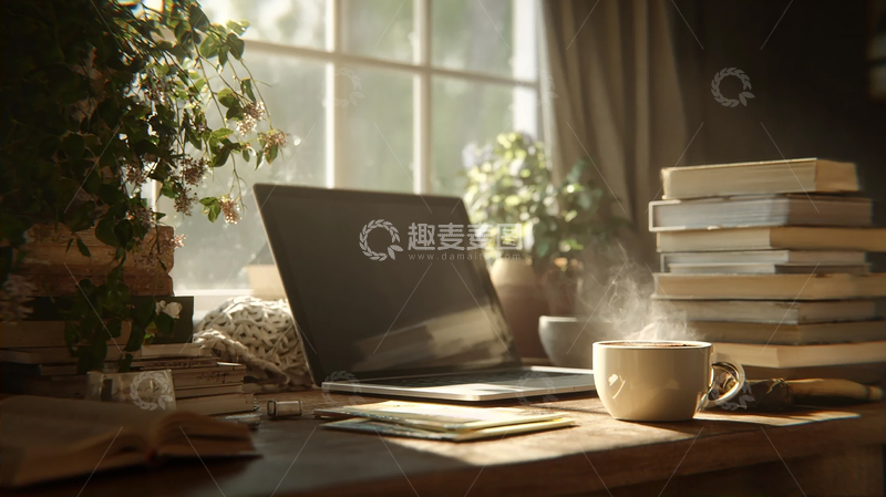 高清大图下载【趣麦麦图】阳光洒落的静谧书房一角