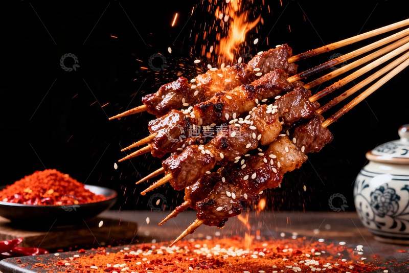 高清大图下载【趣麦麦图】牛肉烤串，羊肉串，烧烤烟火美食特写9