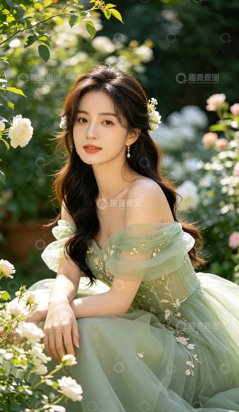 高清大图下载【趣麦麦图】花园美人绿色礼服写真