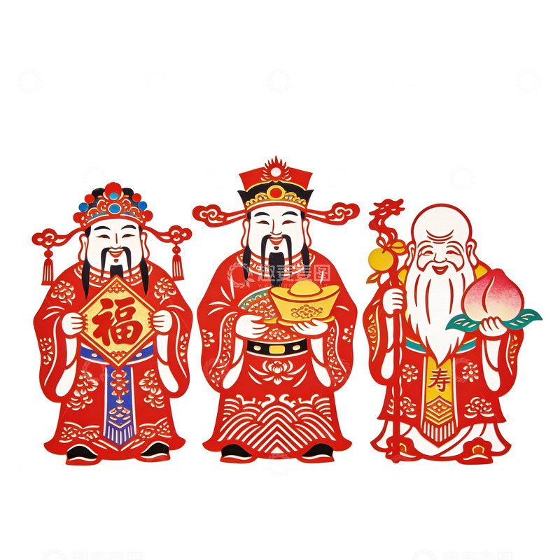 高清大图下载【趣麦麦图】传统中国红财神年画剪纸