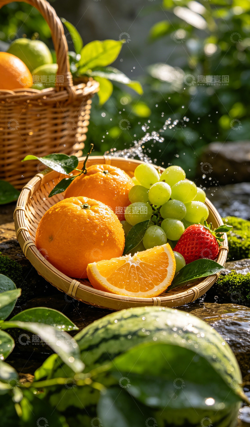 高清大图下载【趣麦麦图】新鲜水果竹篮水珠摄影图