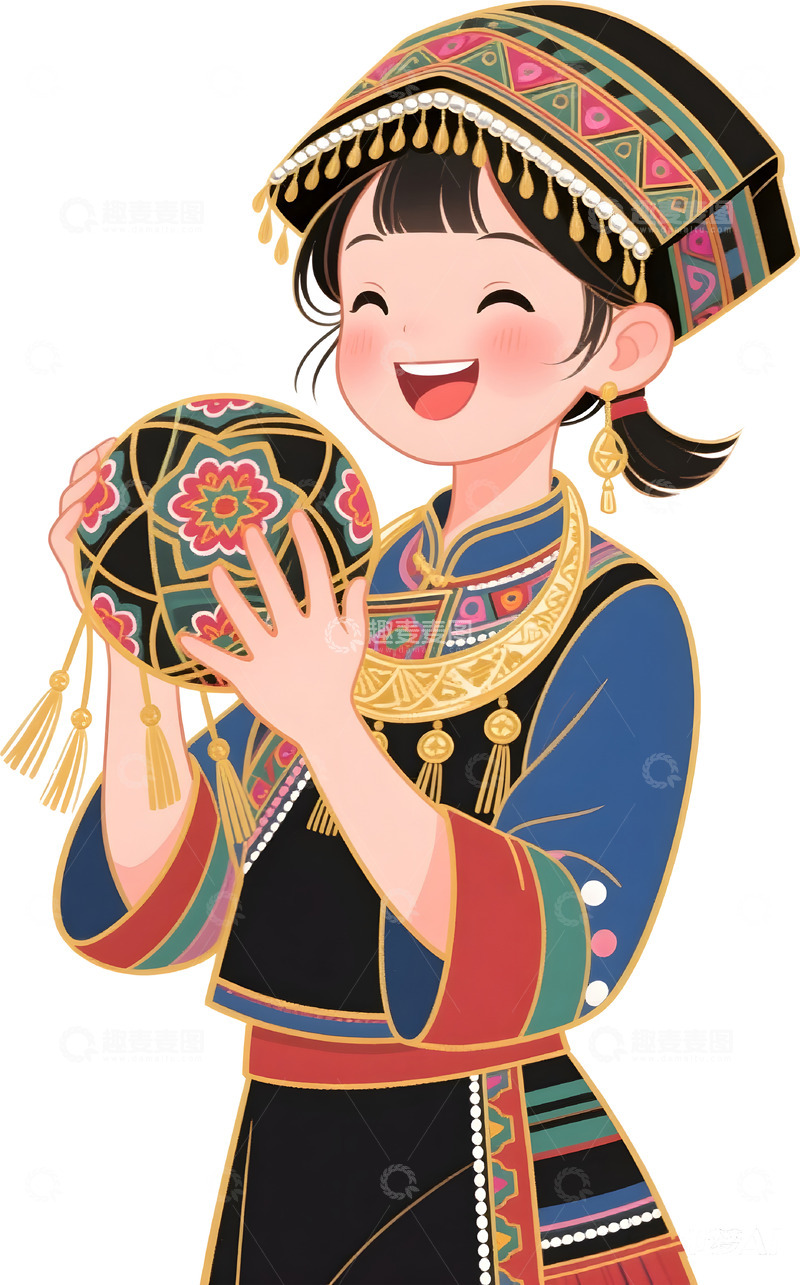 高清大图下载【趣麦麦图】民族服饰少女手持圆绣球插画