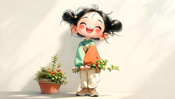 国风童趣卡通女孩盆栽插画场景可爱