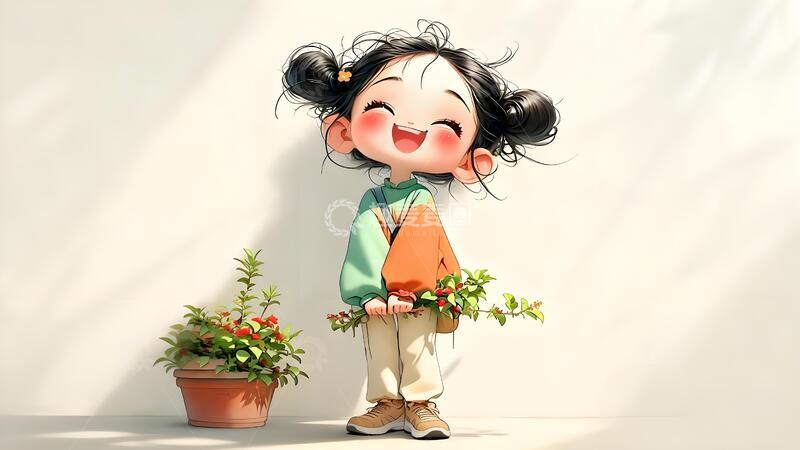 高清大图下载【趣麦麦图】-国风童趣卡通女孩盆栽插画场景可爱