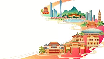 中国风城市建筑插画元素广告