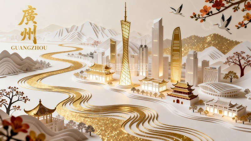 高清大图下载【趣麦麦图】金色广州城市风光插画