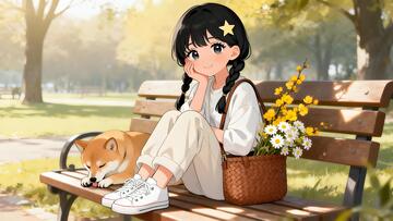 动漫风小女孩与小狗公园休闲场景插画