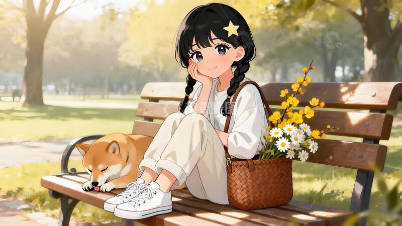 高清大图下载【趣麦麦图】-动漫风小女孩与小狗公园休闲场景插画