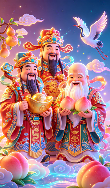 喜庆福神送财桃瑞鹤祥云插画壁纸装饰画