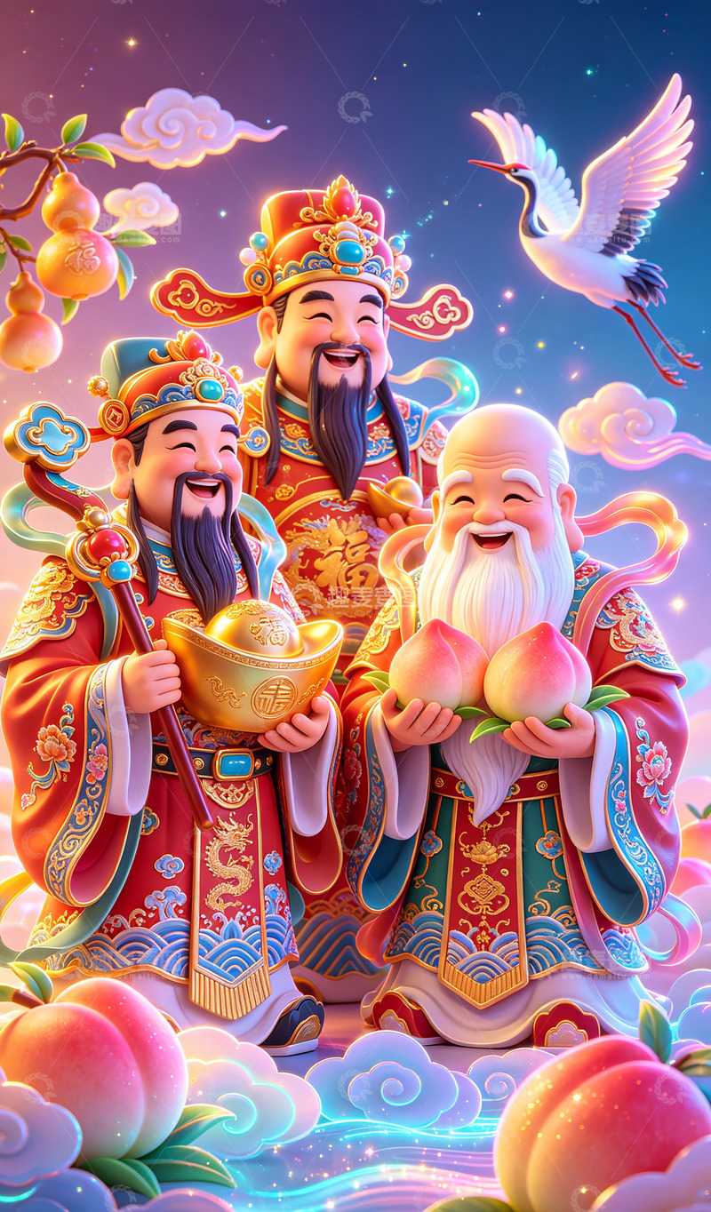 高清大图下载【趣麦麦图】喜庆福神送财桃瑞鹤祥云插画壁纸装饰画