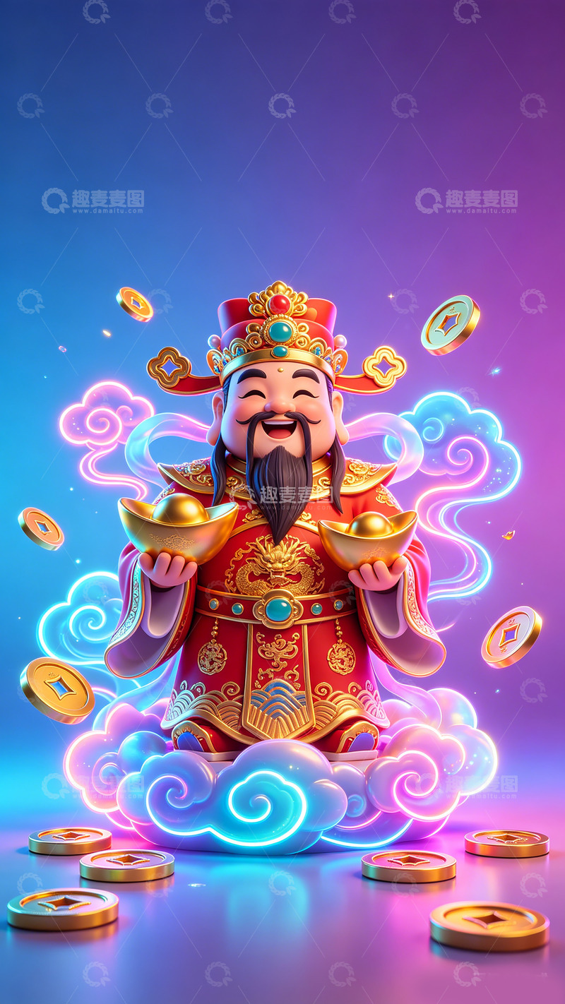 高清大图下载【趣麦麦图】福神赐财彩绘图壁纸装饰画