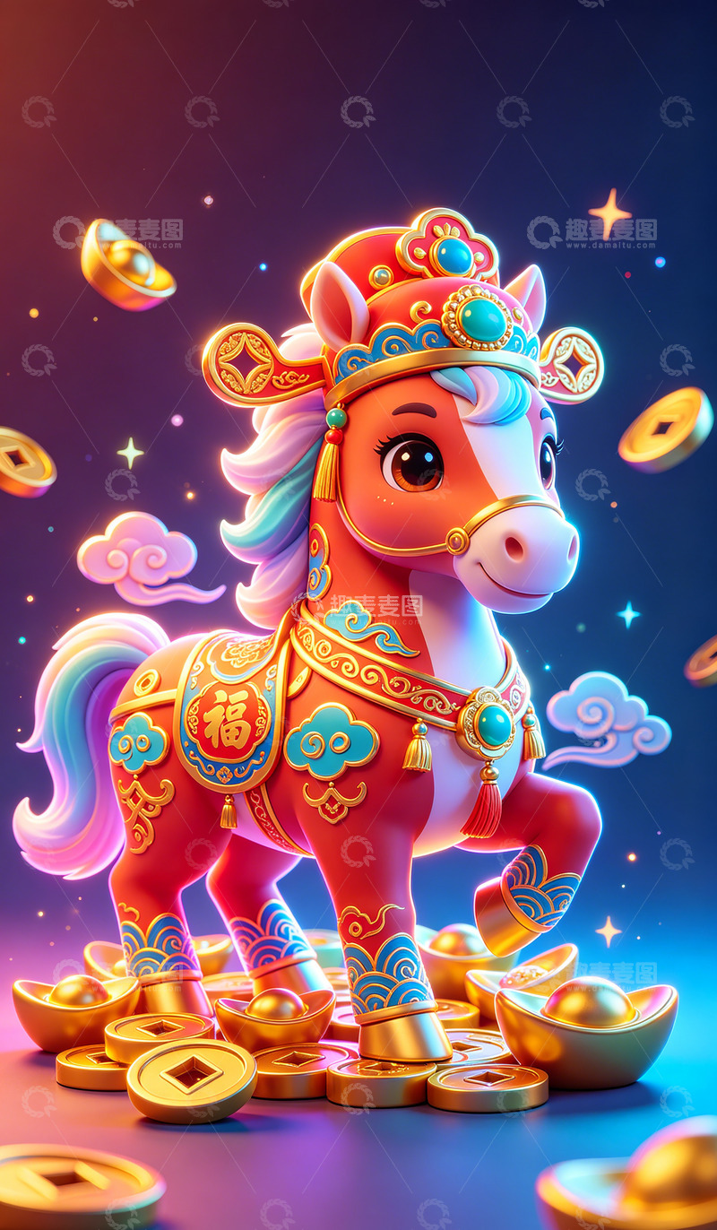 高清大图下载【趣麦麦图】华丽卡通马金币祥瑞图壁纸装饰画