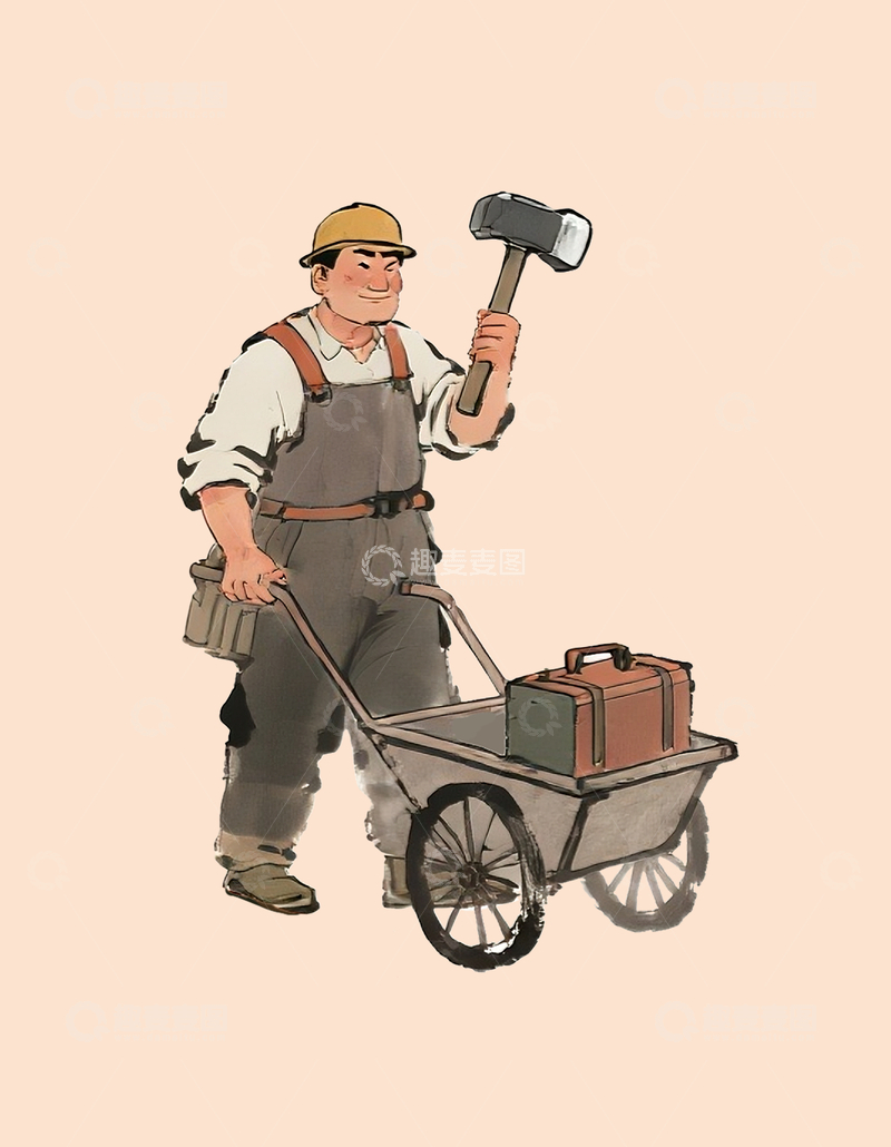 源文件下载【趣麦麦图】水墨风格一个推着小车的工人