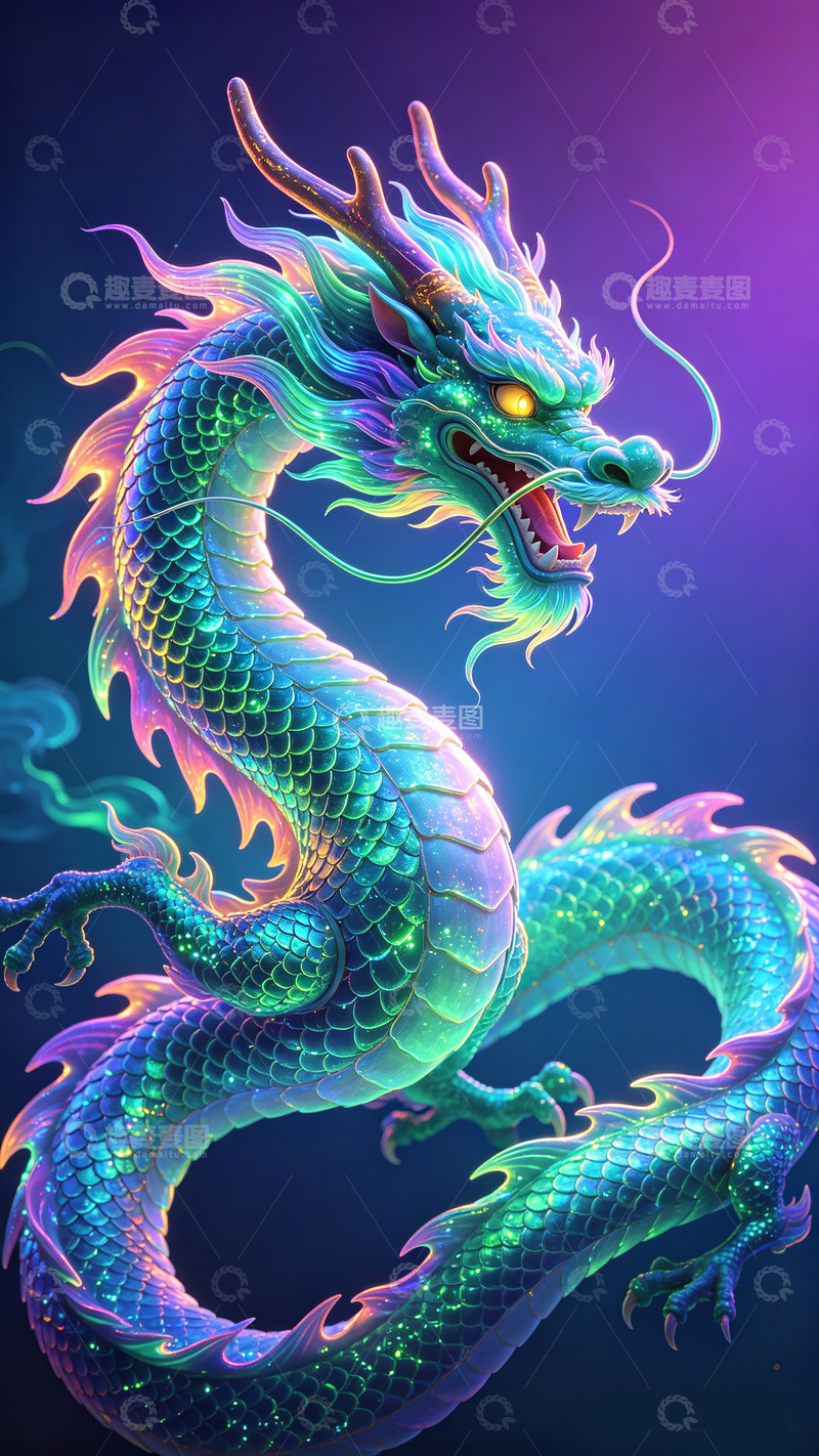 高清大图下载【趣麦麦图】炫光东方龙艺术插画壁纸装饰画