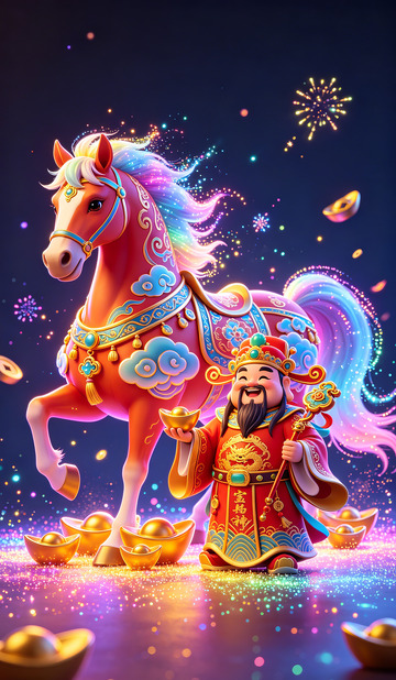 彩绘福马财神金宝喜庆图壁纸装饰画