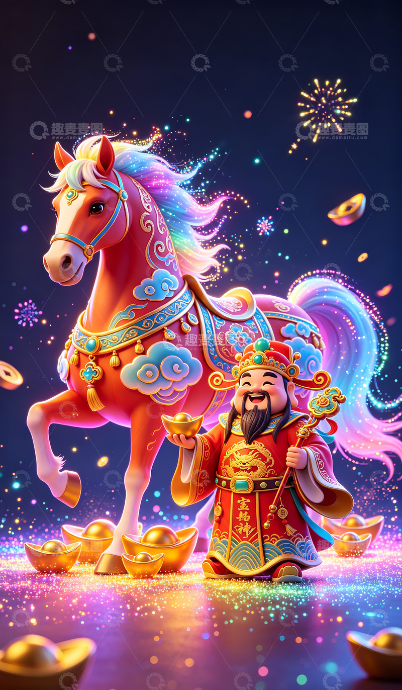 高清大图下载【趣麦麦图】彩绘福马财神金宝喜庆图壁纸装饰画