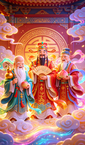 喜庆中国神仙插画壁纸装饰画