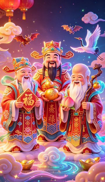 福寿吉祥喜庆年画风格插画壁纸装饰画