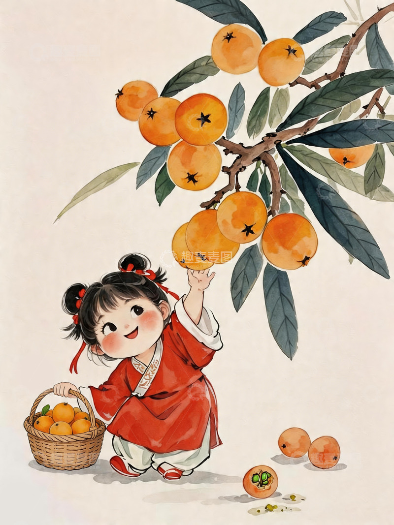 高清大图下载【趣麦麦图】童趣枇杷采摘水墨画