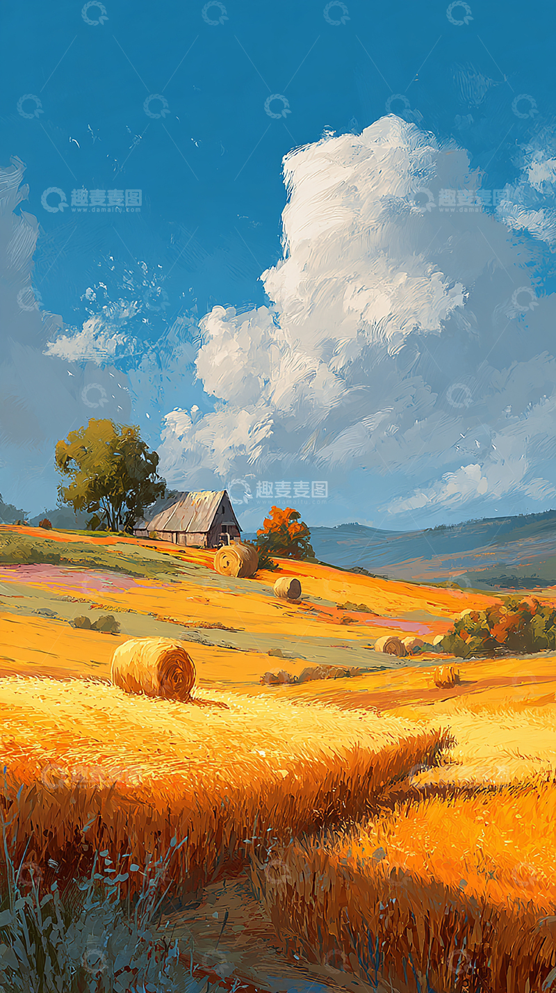 高清大图下载【趣麦麦图】秋天的田野与蓝天白云