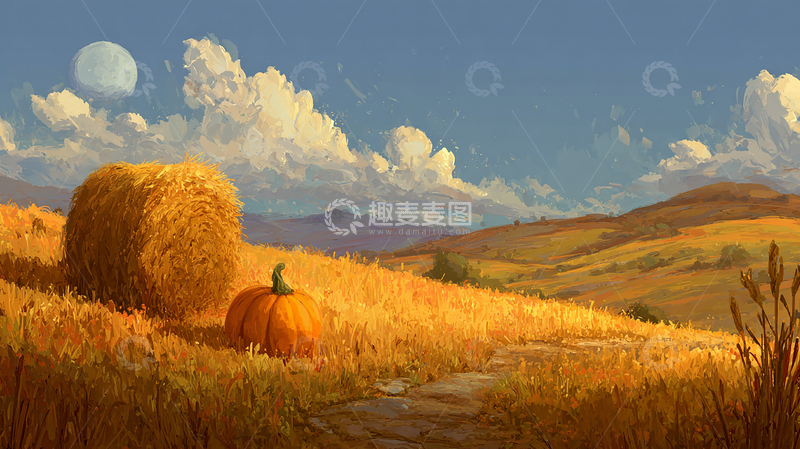 高清大图下载【趣麦麦图】月光下的南瓜与干草堆