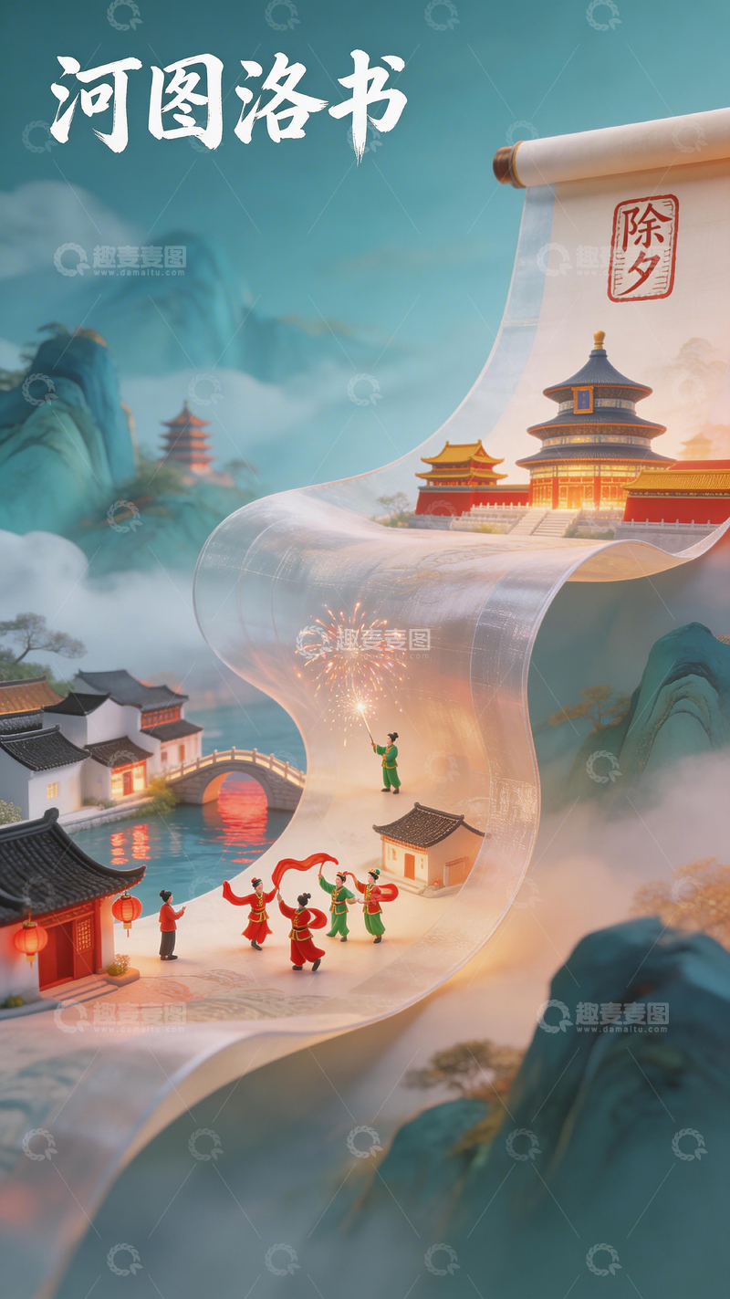 高清大图下载【趣麦麦图】古风春节庆典卷轴画