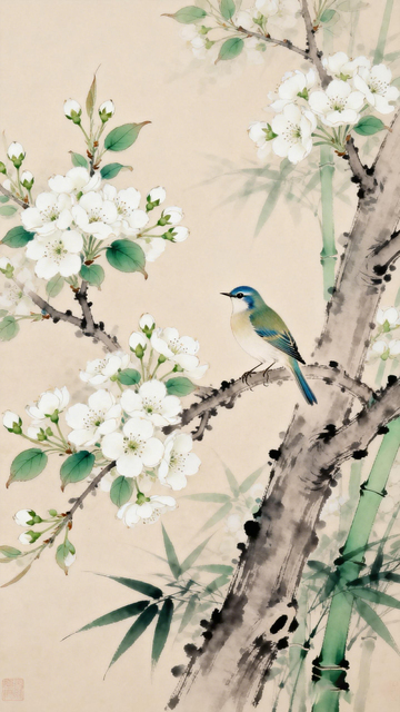 工笔花鸟画梨花小鸟国画艺术