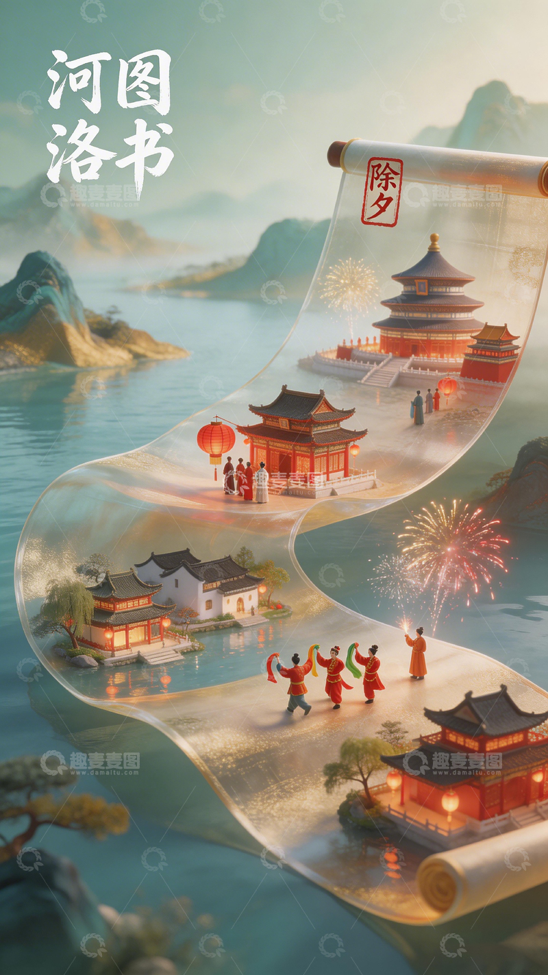 高清大图下载【趣麦麦图】古风水墨风春节喜庆场景画卷