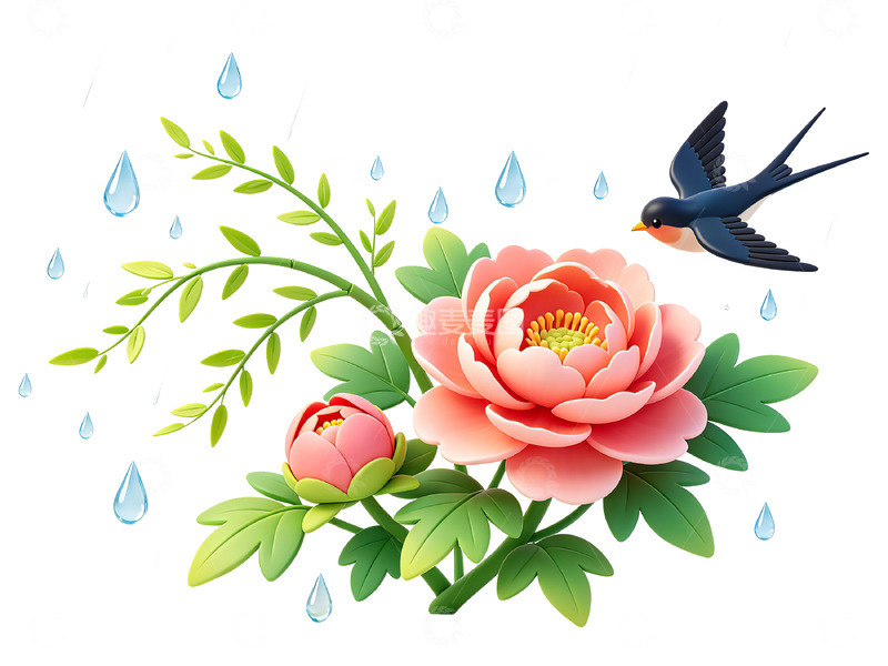 高清大图下载【趣麦麦图】春天花开燕子飞翔插画素材