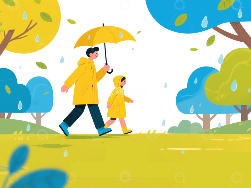 高清大图下载【趣麦麦图】雨中漫步亲子插画