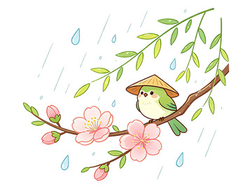卡通春雨树枝小鸟插画