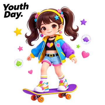 卡通少女滑板青年节日免扣插画素材