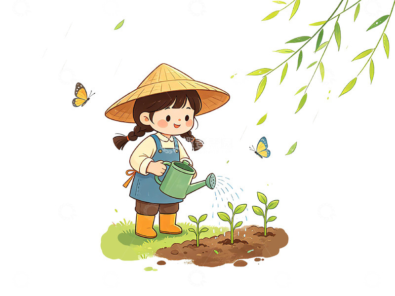 高清大图下载【趣麦麦图】-田园风小女孩浇花插画