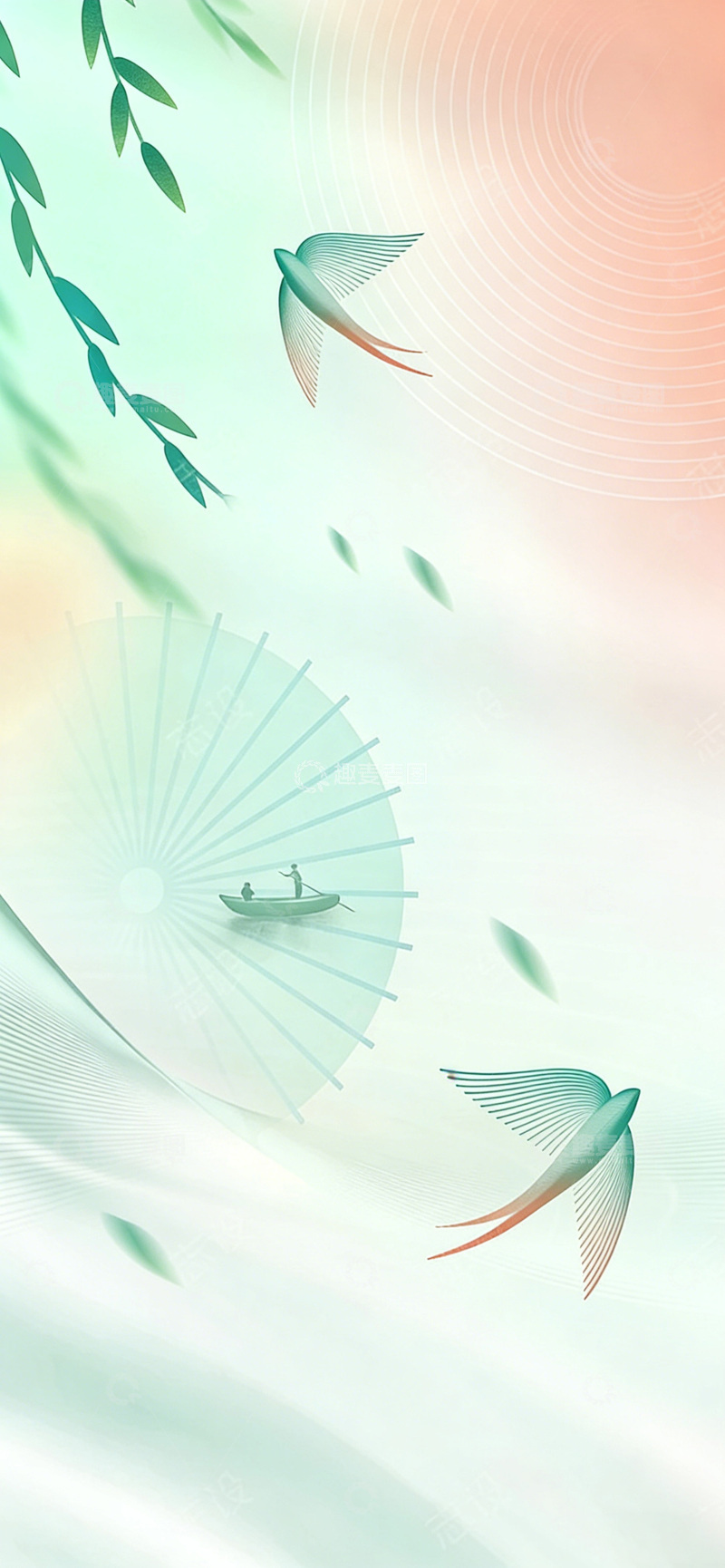 高清大图下载【趣麦麦图】春燕渡柳轻舟背景