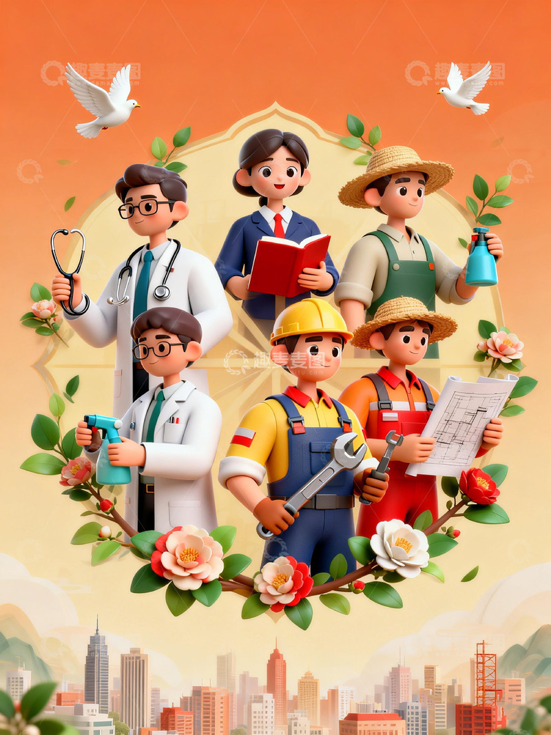 高清大图下载【趣麦麦图】卡通职业人物城市劳动节插画