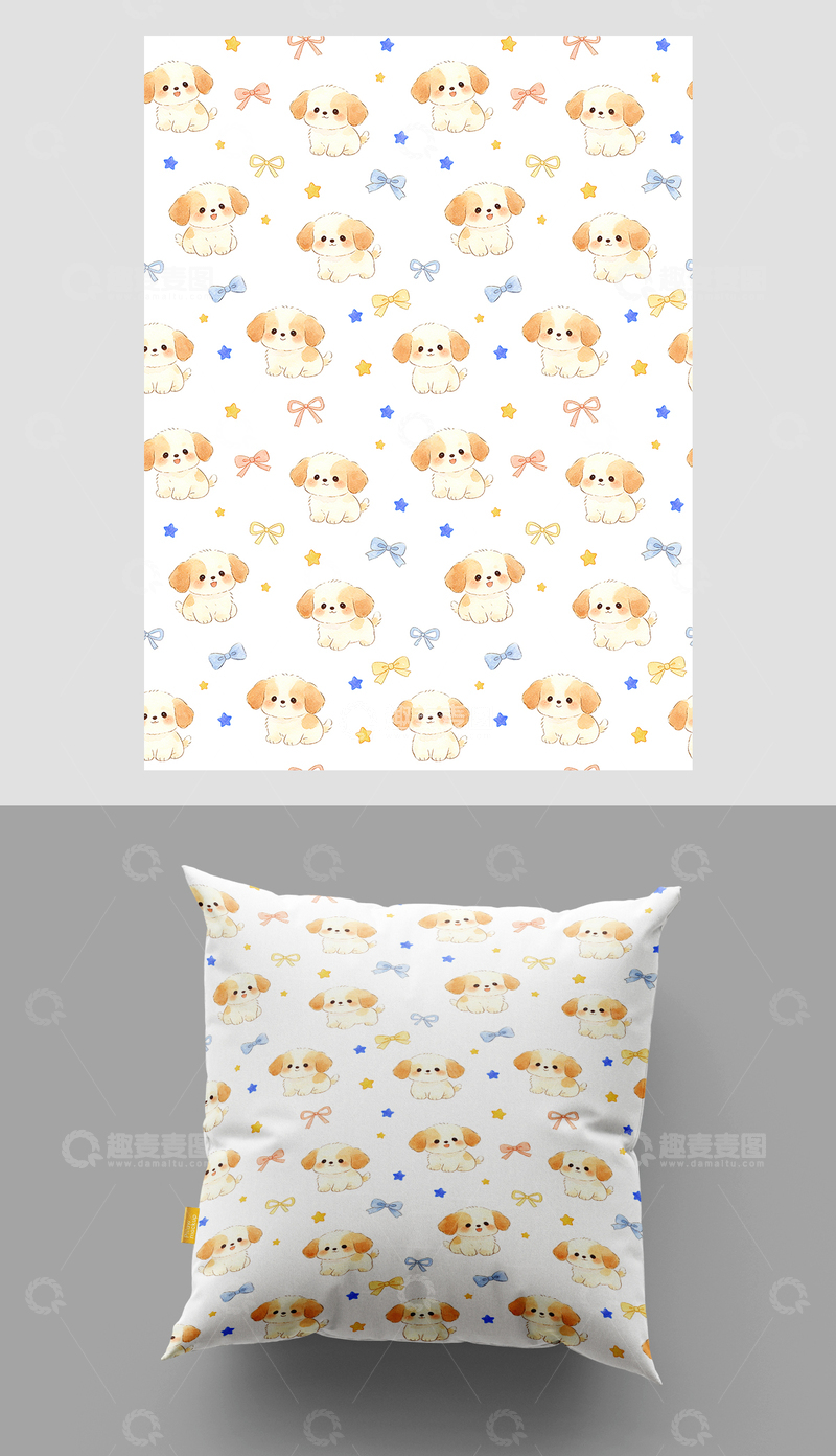 源文件下载【趣麦麦图】-卡通小狗抱枕四方连续底纹图案