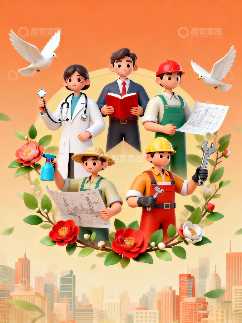 高清大图下载【趣麦麦图】卡通职业人物劳动节插画