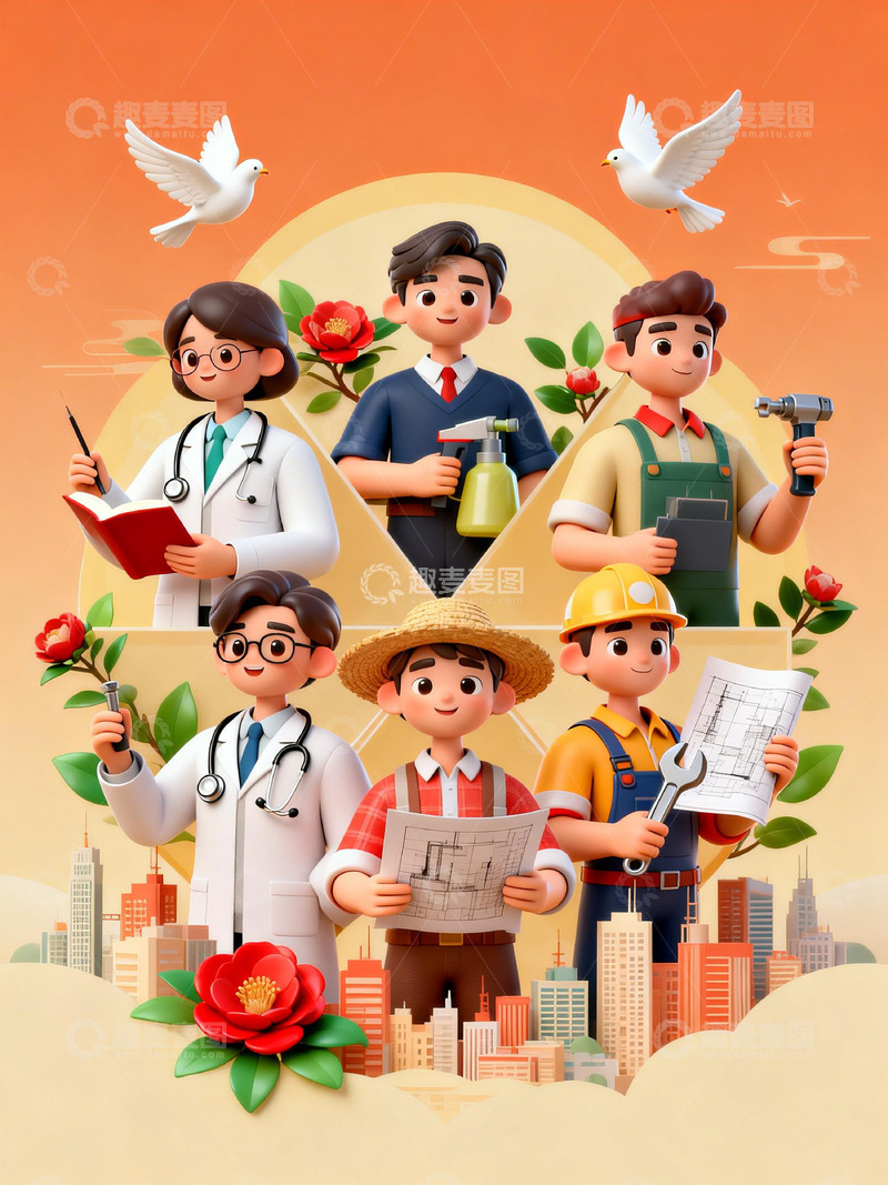 高清大图下载【趣麦麦图】劳动节职业人物城市背景插画