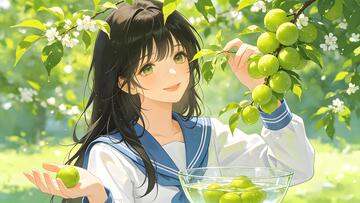 校园风动漫少女采摘青梅插画