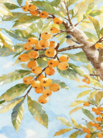 水彩枇杷树与小鸟装饰画