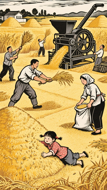 白描版画农场丰收场景1