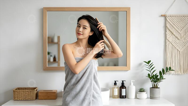 高清大图下载【趣麦麦图】-浴室女性护发护理生活写实场景